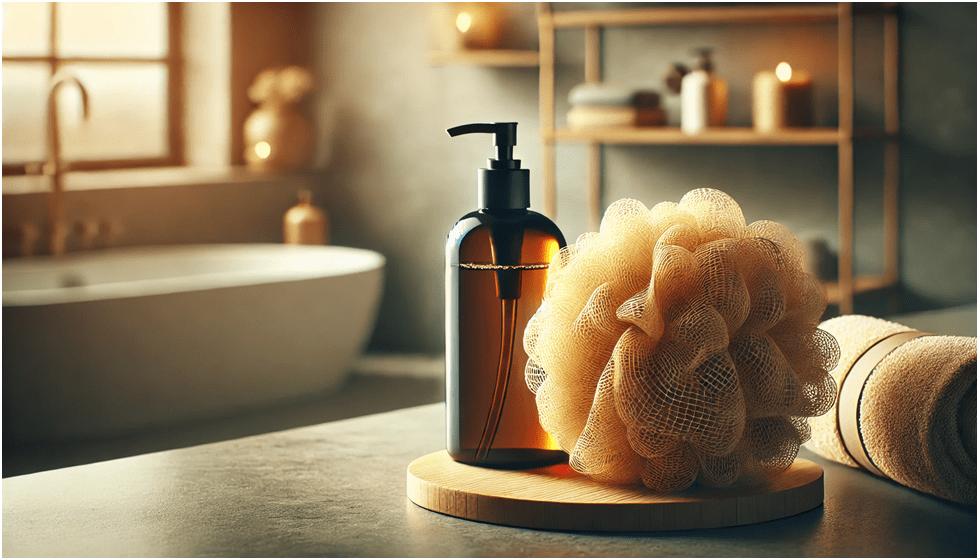 : A high-quality, realistic image of a natural loofah placed next to a stylish bottle of body wash on a clean bathroom countertop.