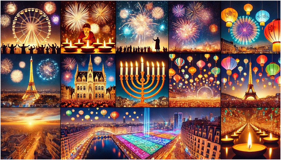 A stunning display of global Festival of Light Delight celebrations, featuring Diwali diyas, Hanukkah menorahs, Lyon’s Fête des Lumières, Chinese lanterns, and Dubai’s Festival of Lights illuminating the night.