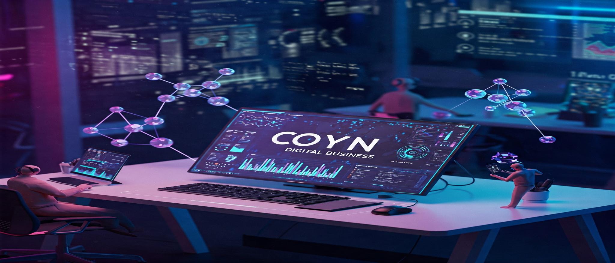 Futuristic digital workspace with coyyn.com digital business on screen."