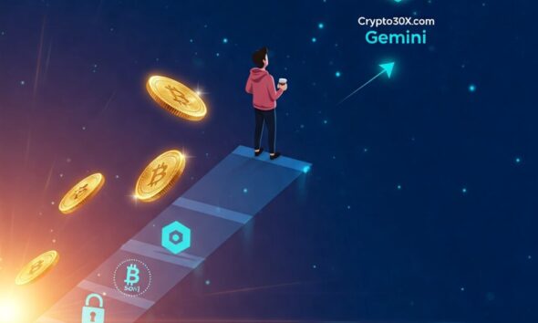 Person on a path to wealth with Crypto30x.com Gemini logos and crypto coins, symbolizing growth in 2025."